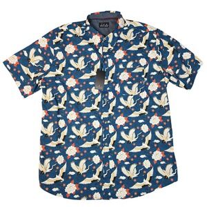 Public Record Mens 2XL Teal Japanese Crane Floral Print Button‎ Up Shirt New